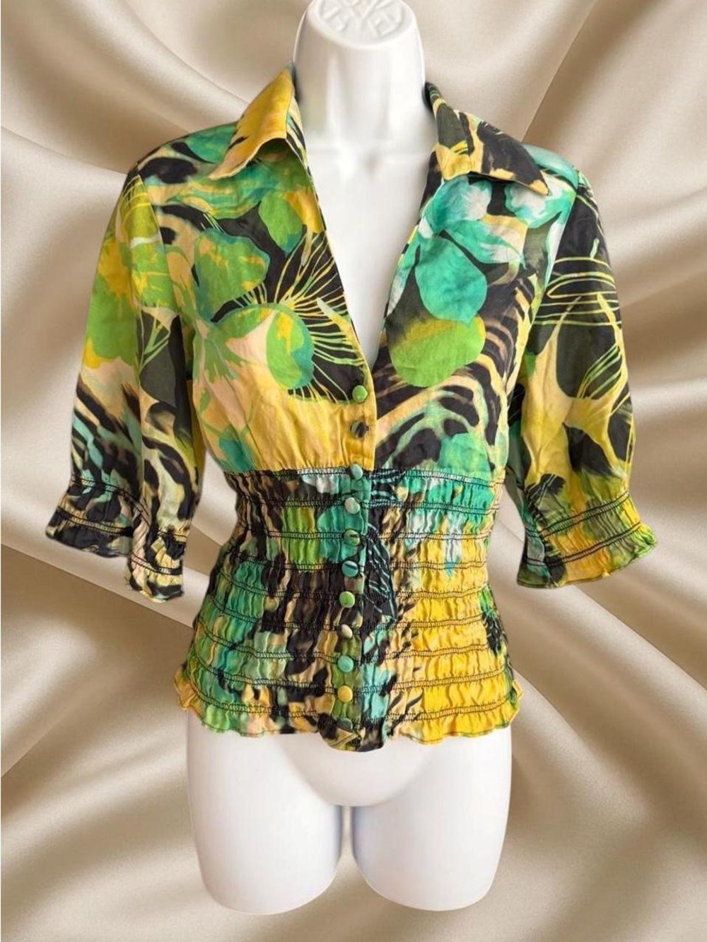 Y2K Tropical Cache Silk Ruched Blouse 2000s Cinched Boho Indie Top